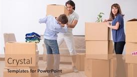  Presentation with flat - Theme featuring young-family-moving-to-new background and a coral colored foreground