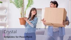  Presentation with mortgage - Beautiful theme featuring young family moving in to new apartment after paying off mortgage backdrop and a teal colored foreground