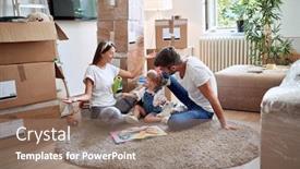  Presentation with new beginning - Slide set enhanced with young-family-of-three-playing background and a coral colored foreground