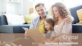  Presentation with family reading - PPT theme with young family of three reading book of stories while sitting on the floor by sofa at leisure background and a coral colored foreground