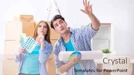  Presentation with family planning - Slide set with young family planning home diy renovation with drawing background and a soft green colored foreground