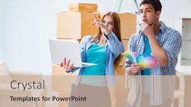  Presentation with planning family - Audience pleasing slide set consisting of young family planning home diy renovation with drawing backdrop and a soft green colored foreground