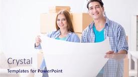  Presentation with planning family - Slide set enhanced with young family planning home diy renovation with drawing background and a sky blue colored foreground