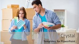  Presentation with planning family - PPT theme featuring young family planning home diy renovation with drawing background and a coral colored foreground