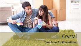  Presentation with planning family - Presentation consisting of young family planning home refurbishing background and a  colored foreground