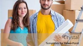  Presentation with family planning - Slide set featuring young family planning home refurbishing in diy concept background and a yellow colored foreground