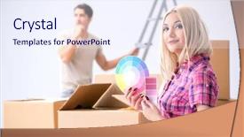  Presentation with home renovation - Audience pleasing PPT layouts consisting of young family preparing for home backdrop and a sky blue colored foreground