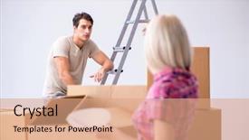  Presentation with eco friendly home renovation - Colorful slide deck enhanced with young family preparing for home backdrop and a  colored foreground