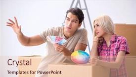  Presentation with home renovation - Audience pleasing PPT theme consisting of young family preparing for home backdrop and a  colored foreground