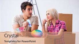  Presentation with eco friendly home renovation - Theme having young family preparing for home background and a  colored foreground