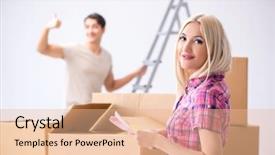  Presentation with eco friendly home renovation - Slide deck having young family preparing for home background and a  colored foreground