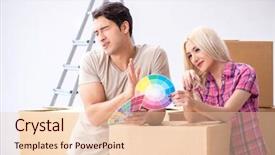  Presentation with eco friendly home renovation - Amazing slide set having young family preparing for home backdrop and a  colored foreground