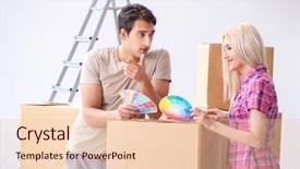  Presentation with eco friendly home renovation - Audience pleasing PPT layouts consisting of young family preparing for home backdrop and a  colored foreground