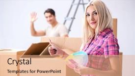  Presentation with family planning - Presentation theme having young family preparing for home background and a  colored foreground