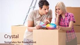  Presentation with home renovation - Beautiful PPT theme featuring young family preparing for home backdrop and a  colored foreground