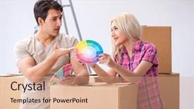  Presentation with eco friendly home renovation - Presentation design having young family preparing for home background and a  colored foreground