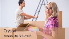  Presentation with eco friendly home renovation - Presentation theme having young family preparing for home background and a  colored foreground