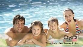  Presentation with pool restaurant family - Slide set enhanced with young family relaxing in swimming background and a coral colored foreground