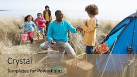  Presentation with holiday bbq - Beautiful PPT layouts featuring young family relaxing on beach backdrop and a coral colored foreground