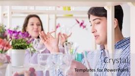  Presentation with family shopping - Cool new presentation theme with young family shopping in shop backdrop and a light blue colored foreground