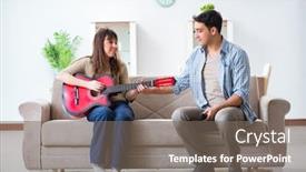  Presentation with music singing - Slides featuring young family singing and playing music at home background and a gray colored foreground