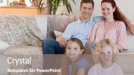  Presentation with living room family - Beautiful presentation theme featuring young family sitting in the living room backdrop and a coral colored foreground