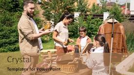  Presentation with yard sale - PPT theme with young-family-standing-at-table background and a coral colored foreground