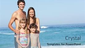  Presentation with footprints and sand beach - Slides having young family standing on sandy beach on holiday background and a light blue colored foreground