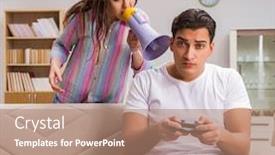  Presentation with addiction - PPT theme with young-family-suffering-from-computer background and a coral colored foreground