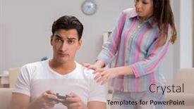  Presentation with addiction - Presentation theme with young-family-suffering-from-computer background and a coral colored foreground