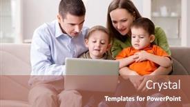  Presentation with internet surfing - PPT theme having young family surfing internet and looking at photos background and a coral colored foreground