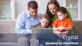  Presentation with internet surfing - PPT layouts featuring young family surfing internet and looking at photos background and a ocean colored foreground