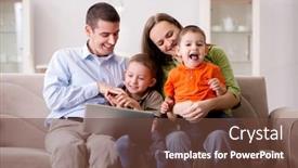  Presentation with internet surfing - PPT theme consisting of young family surfing internet and looking at photos background and a tawny brown colored foreground