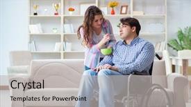  Presentation with doctor taking care of family - Slide deck featuring young family taking care background and a light gray colored foreground