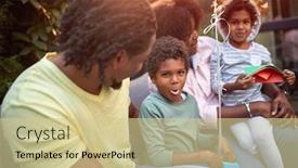  Presentation with family talking - Beautiful PPT theme featuring young-family-talking-smiling-playing backdrop and a soft green colored foreground