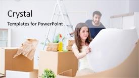  Presentation with family planning - Amazing slide deck having young family unpacking at new backdrop and a  colored foreground