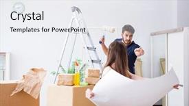  Presentation with family planning - Cool new PPT layouts with young family unpacking at new backdrop and a  colored foreground