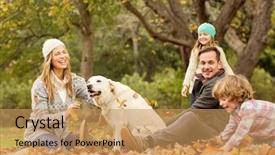  Presentation with family day - Colorful presentation theme enhanced with young family with a dog in leaves on an autumns day backdrop and a coral colored foreground
