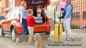  Presentation with young children - Presentation featuring young family with children and dog near car background and a coral colored foreground
