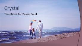  Presentation with kite - Theme having young family with kids resting and having fun with a kite at beach during autumn day filter background and a light blue colored foreground