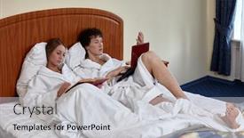  Presentation with work family - Colorful presentation design enhanced with young-family-with-laptop backdrop and a light gray colored foreground