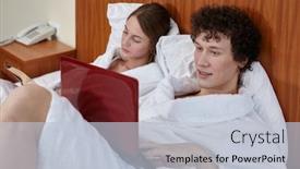  Presentation with work family - PPT theme having young-family-with-laptop background and a lemonade colored foreground