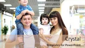  Presentation with family shopping - PPT theme enhanced with young family with shopping bags background and a coral colored foreground