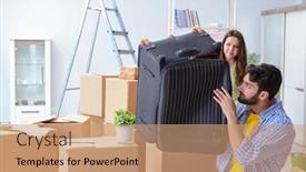  Presentation with suitcase - Audience pleasing slide set consisting of young family with suitcase in relocation concept backdrop and a coral colored foreground