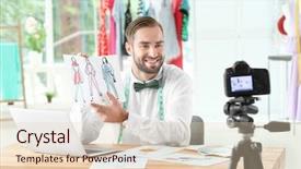  Presentation with blogger - Cool new presentation theme with young fashion blogger recording video backdrop and a  colored foreground