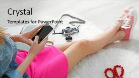  Presentation with retail smart phone shopping - PPT theme consisting of young fashion blogger with her background and a  colored foreground