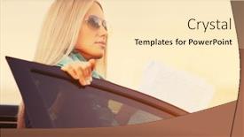  Presentation with car business - Theme with young fashion blond business woman with financial papers outside her car stylish female model wearing black blazer and sunglasses outdoor background and a lemonade colored foreground