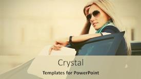  Presentation with car business - PPT theme consisting of young fashion blond business woman with financial papers outside her car stylish female model wearing sunglasses and turquoise scarf background and a lemonade colored foreground