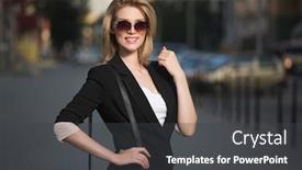  Presentation with black female - Slides having young-fashion-blond-business-woman background and a dark gray colored foreground