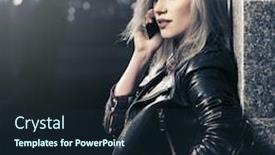  Presentation with bob hairstyle - PPT theme consisting of young fashion blond woman calling on cell phone in city street stylish female model with bob hairstyle in black leather jacket background and a wine colored foreground